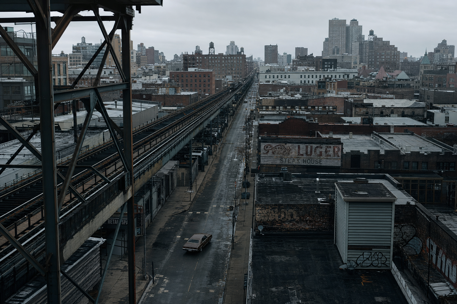 A 1971 brown Pontiac LeMans tiny beneath the Brooklyn elevated railway structure, the city pressing in on all sides from a high aerial angle