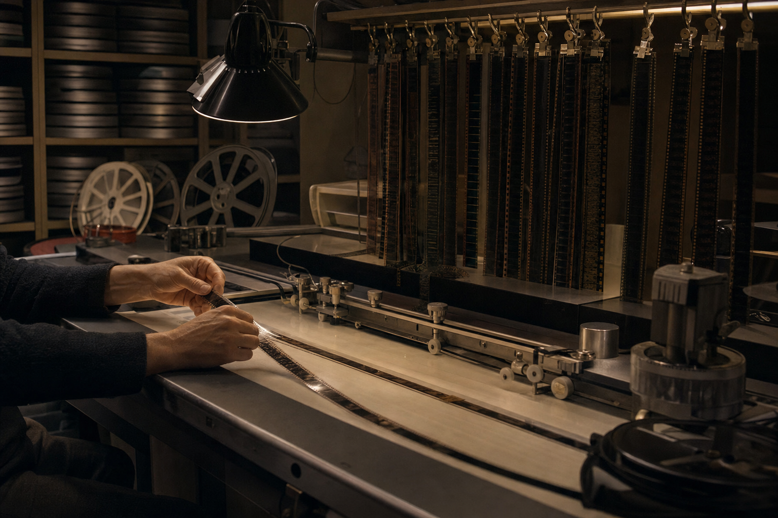 A 1971 film editing suite with a Steenbeck flatbed table, strips of 35mm film hanging from clips, dim focused lighting