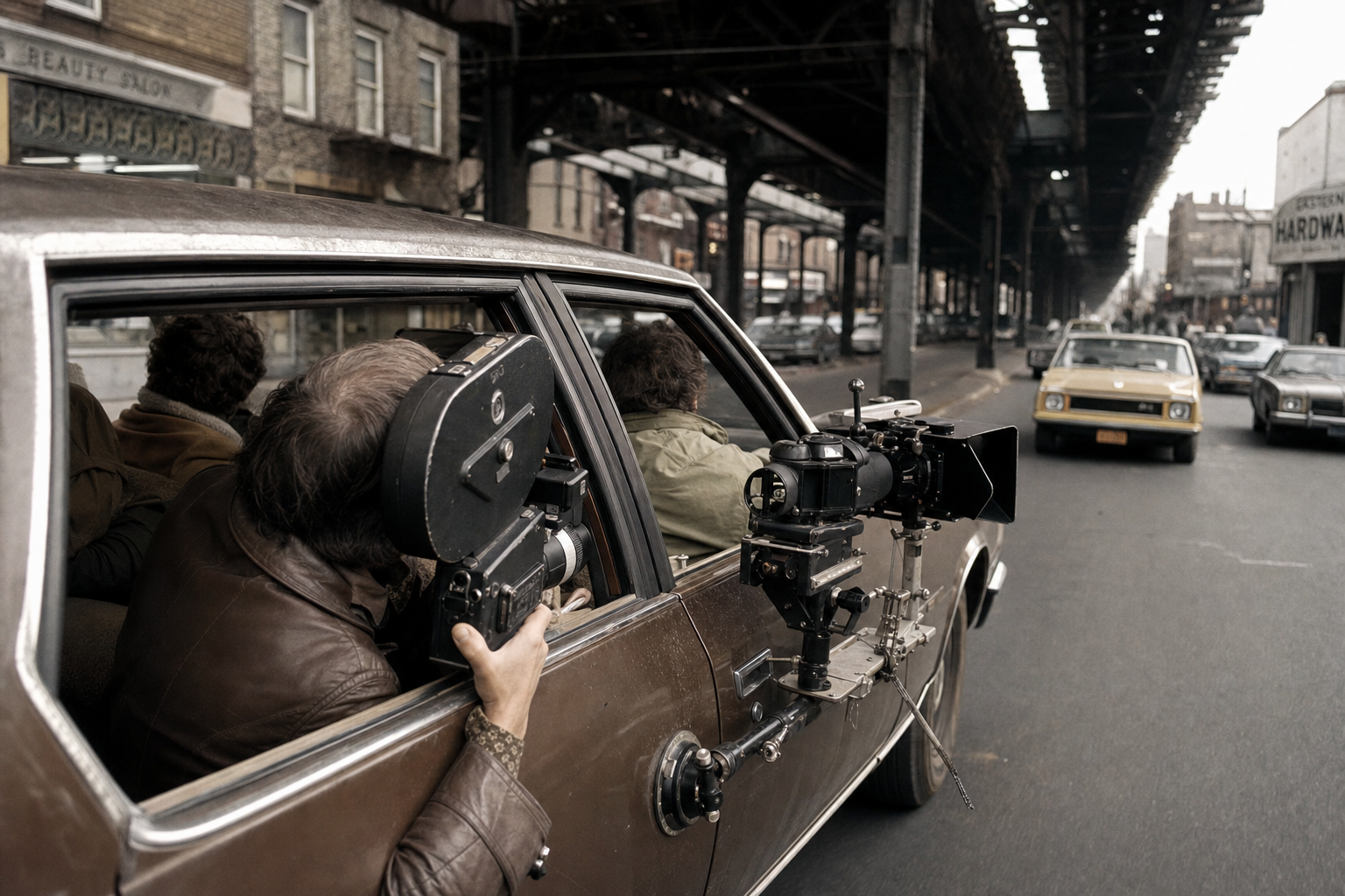 A 1970s film production crew shooting from inside a moving car beneath a Brooklyn elevated railway, cameras mounted to the vehicle exterior