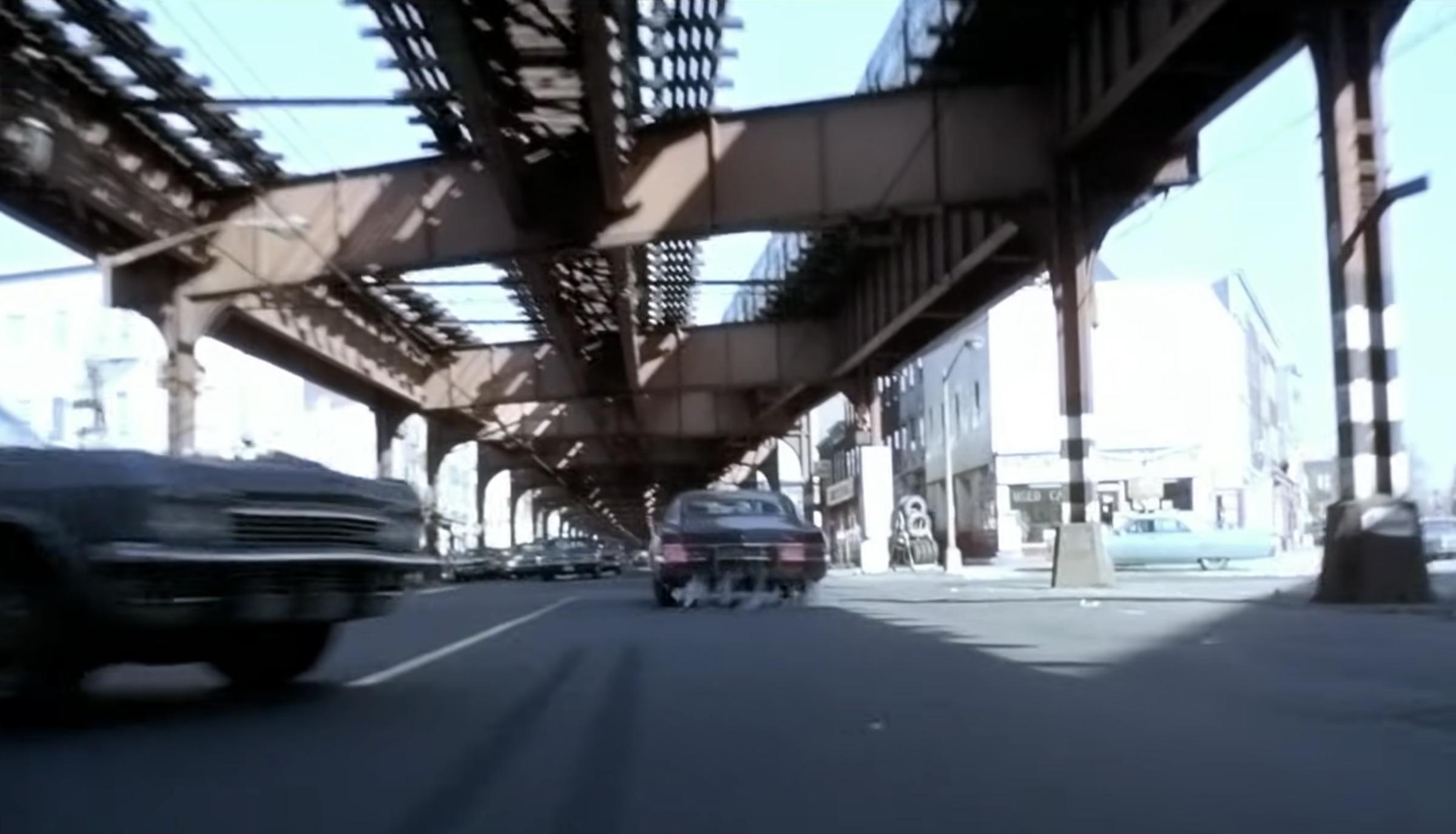 The Pontiac LeMans entering an intersection at speed during the French Connection chase sequence