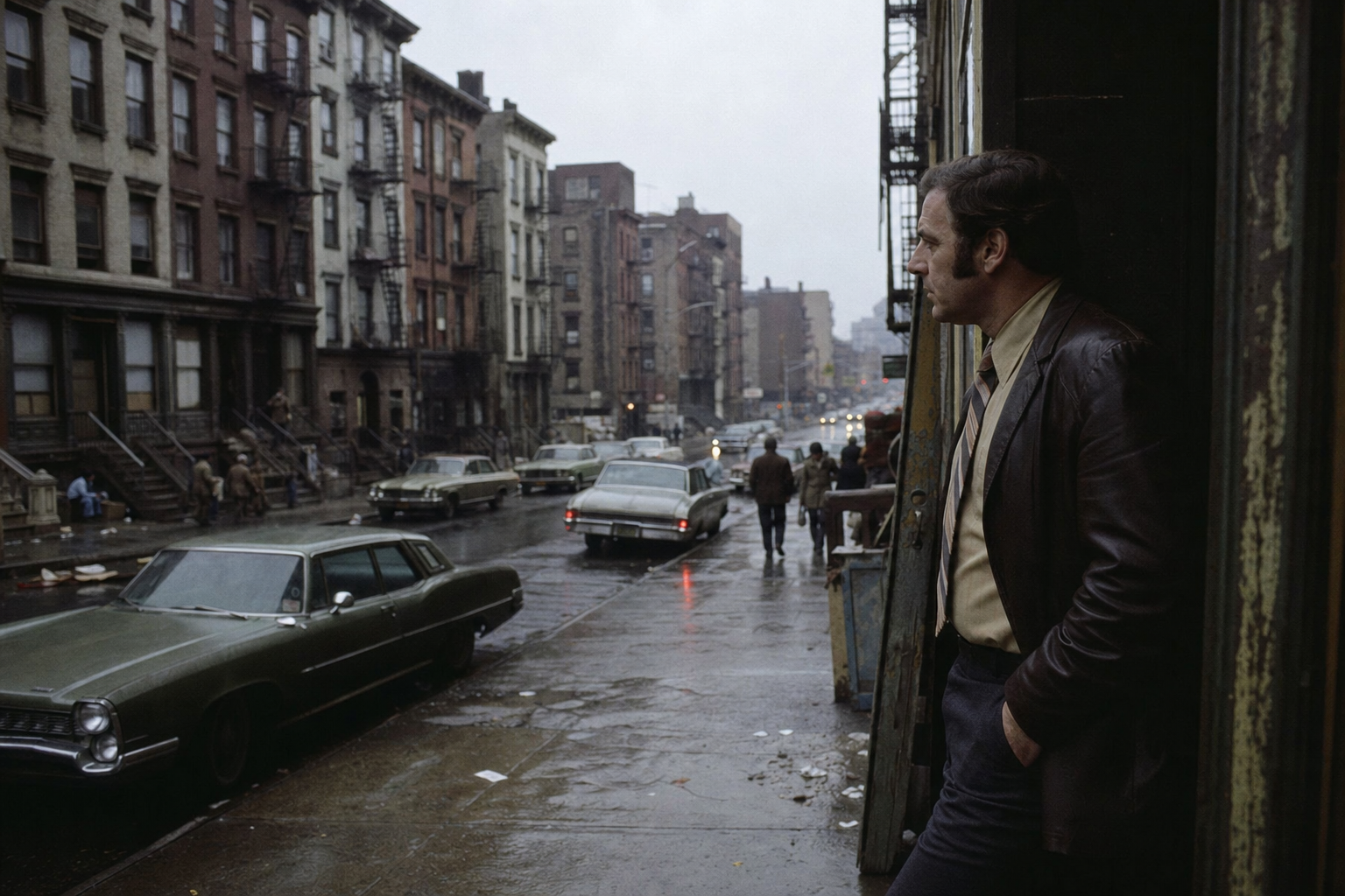 A gritty 1971 New York City street scene, wet pavement and Brooklyn tenement buildings, a plain-clothes detective watching from a doorway