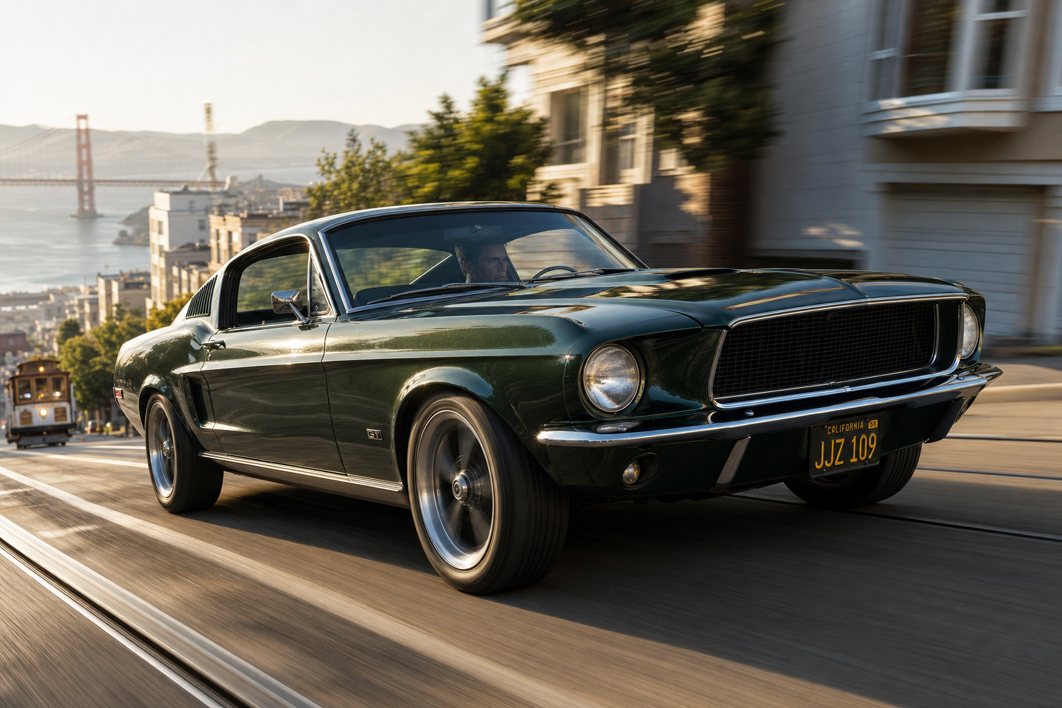 A Highland Green Ford Mustang fastback on a rain-slicked San Francisco street at dusk